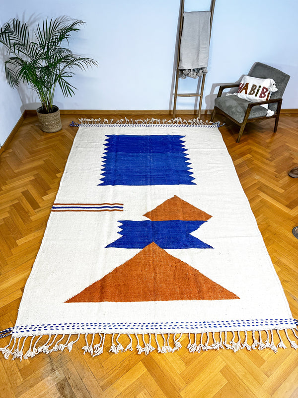 Tapis Kilim ZANAFI Bleu et Ocre : 100% laine